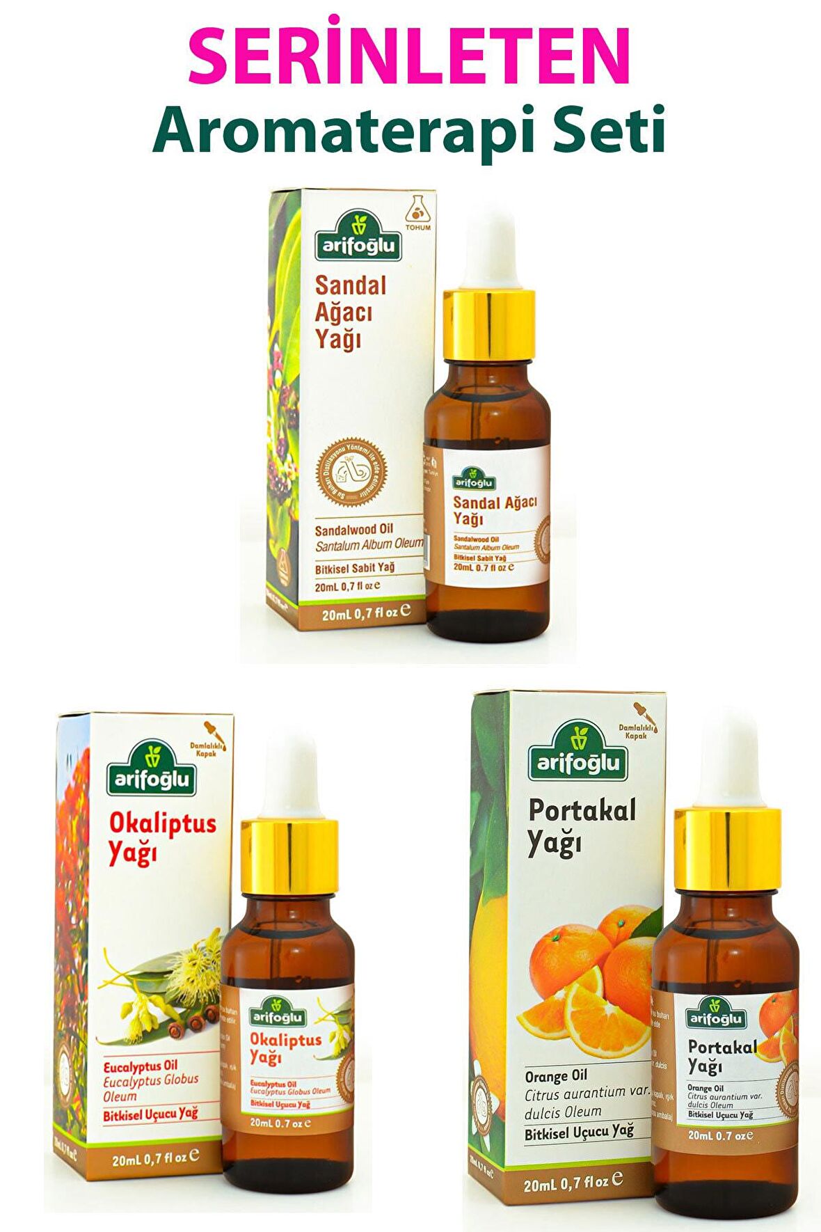 Arifoğlu Serinleten Aromaterapi Seti: (Okaliptus) Okaliptüs Yağı 20 Ml + Sandal Ağacı Yağı 20 Ml + Portakal Yağı 20 Ml