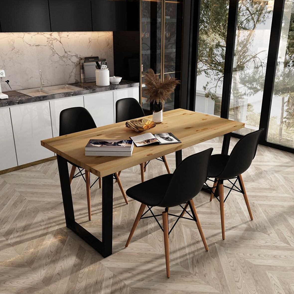 Woodesk Beril Masif Natural Renk 140x70 Sandalyeli Masa Takımı CPT7662-140