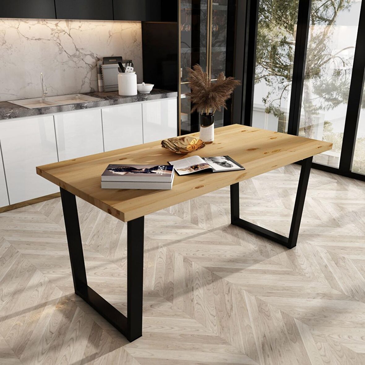 Woodesk Eylül Masif Natural Renk 140x70 Banklı Yemek Masası CPT7668-140