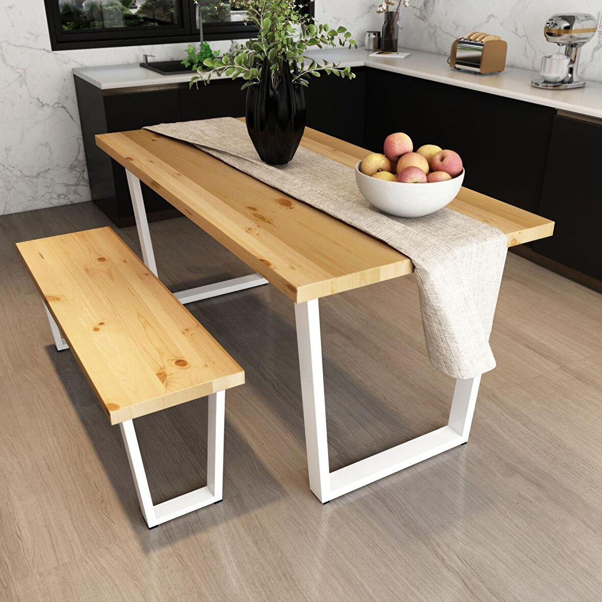 Woodesk Mayıs Masif Natural Renk 180x80 Banklı Yemek Masası CPT7685-180