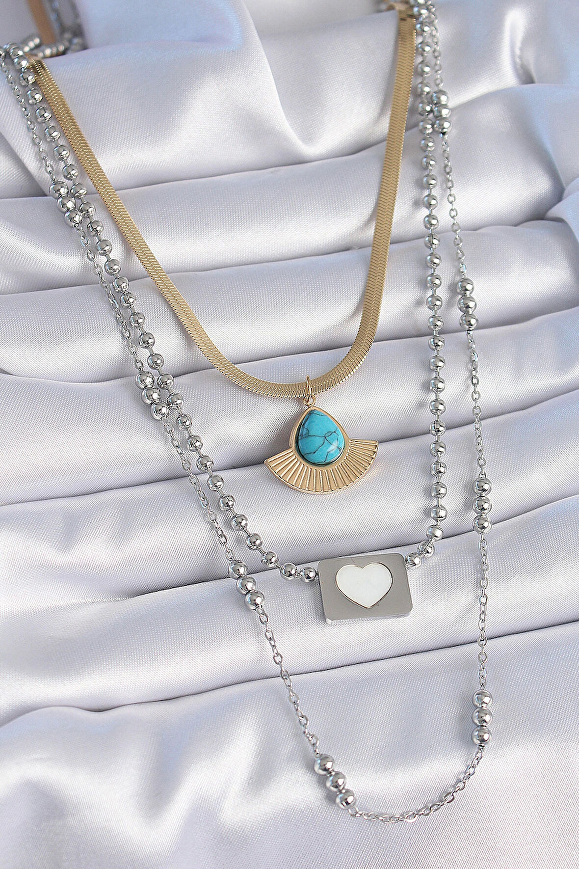 HediyeMarketim  Çelik Mix Renk 3 lü Zincir Damla Madalyon Figür Uzun Kadın Kolye