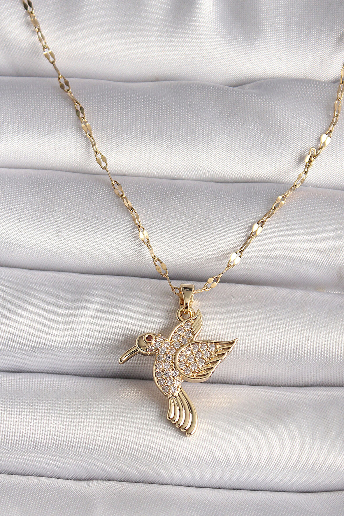 316L Gold Renk Zirkon Taşlı Sinek Kuşu Model Kadın Kolye