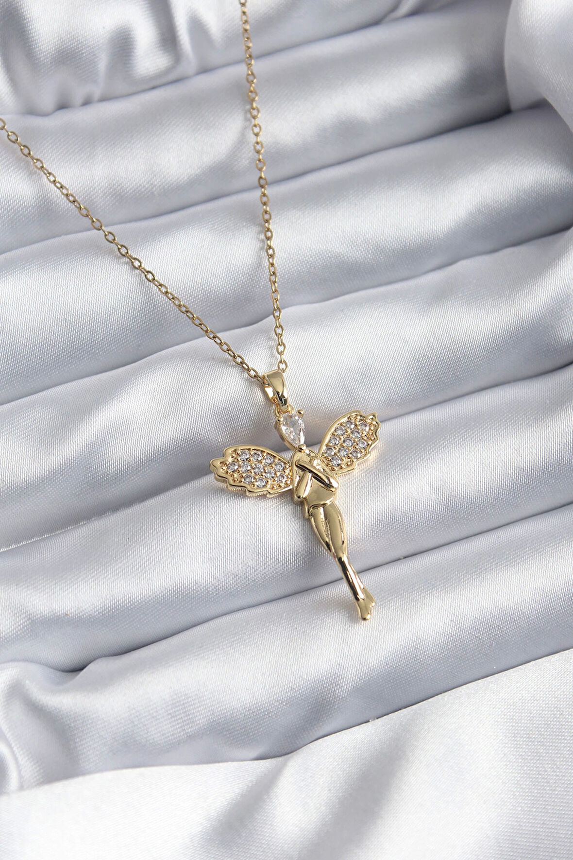 HediyeMarketim  Çelik Gold Renk Zirkon Taşlı Melek Model Kadın Kolye