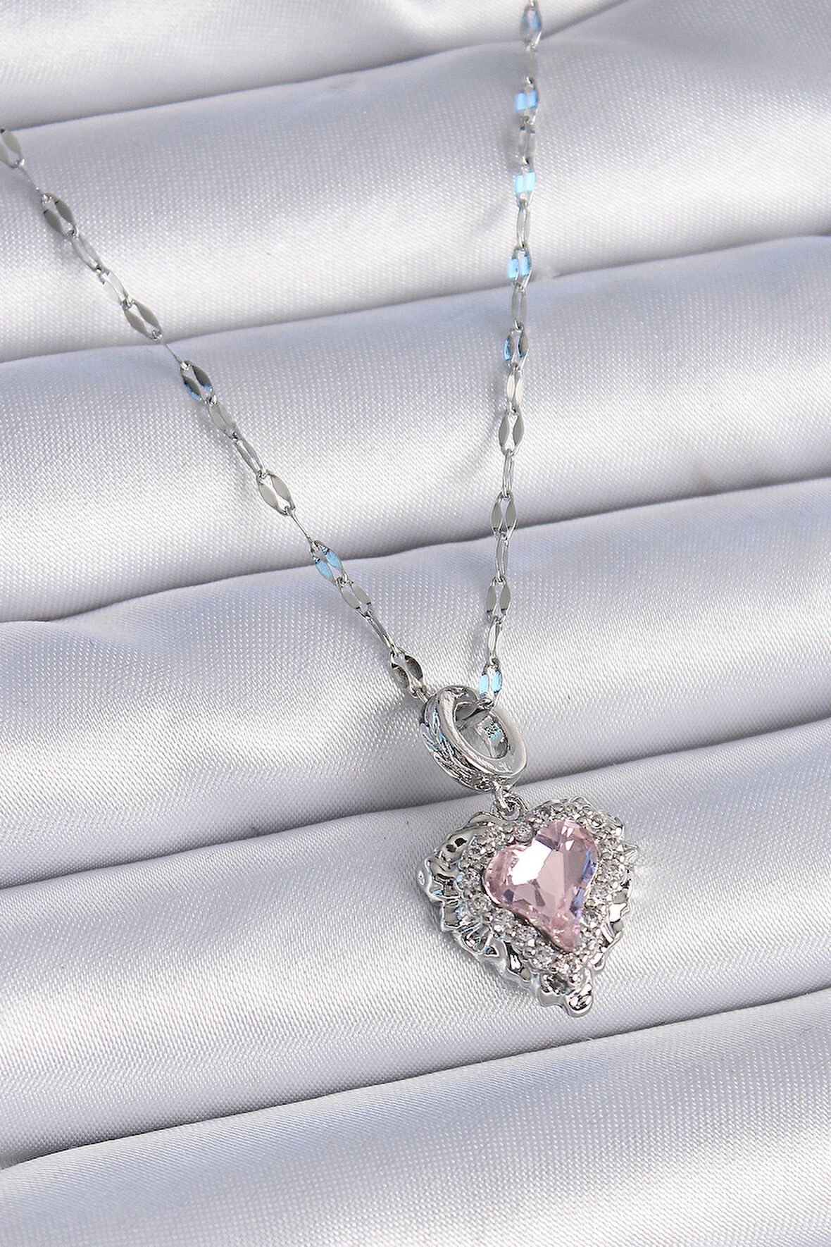 HediyeMarketim  Çelik Zincir Gümüş Renk Zirkon Taşlı Kalp Model Kadın Kolye