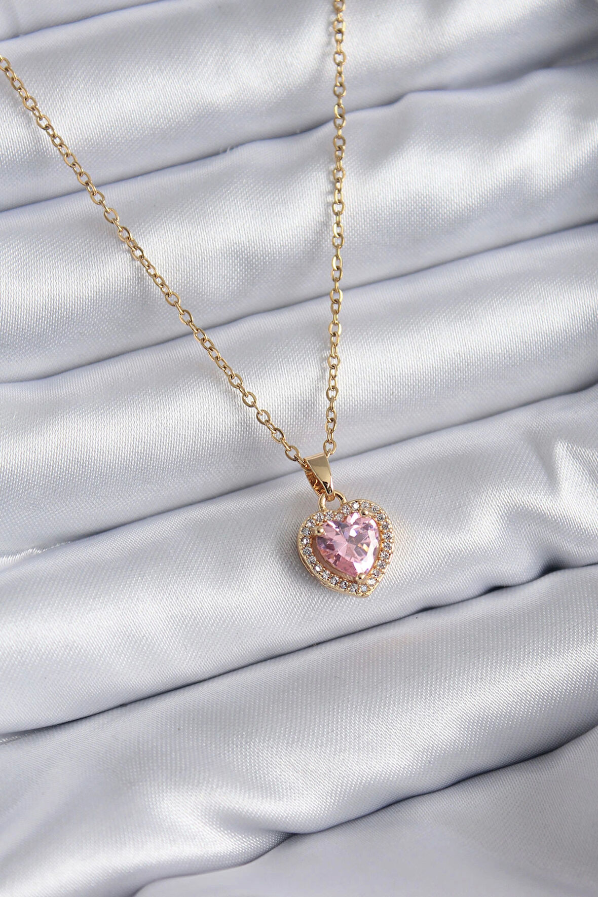 HediyeMarketim  Çelik Zincir Gold Renk Pembe Zirkon Taş Kalp Model Charm Kadın Kolye
