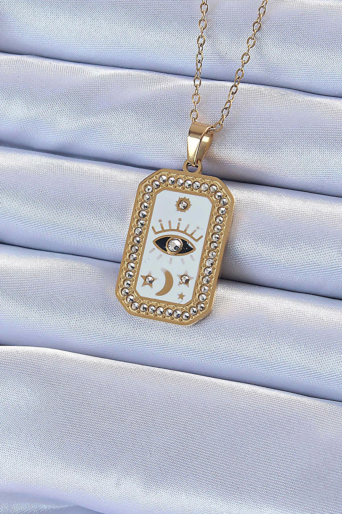 HediyeMarketim  Çelik Zincir Altın Renk Mineli Zirkon Taşlı Göz Figür Tarot Kolye