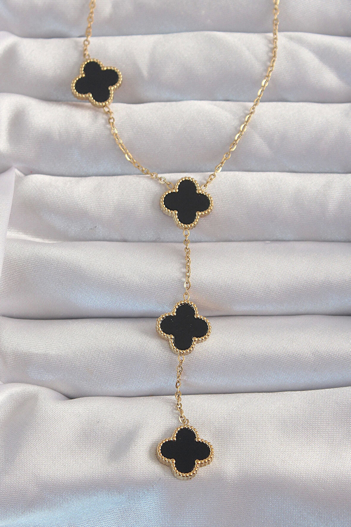 HediyeMarketim  Çelik Gold Renk Mineli Sallantılı Zincir Yonca Kolye