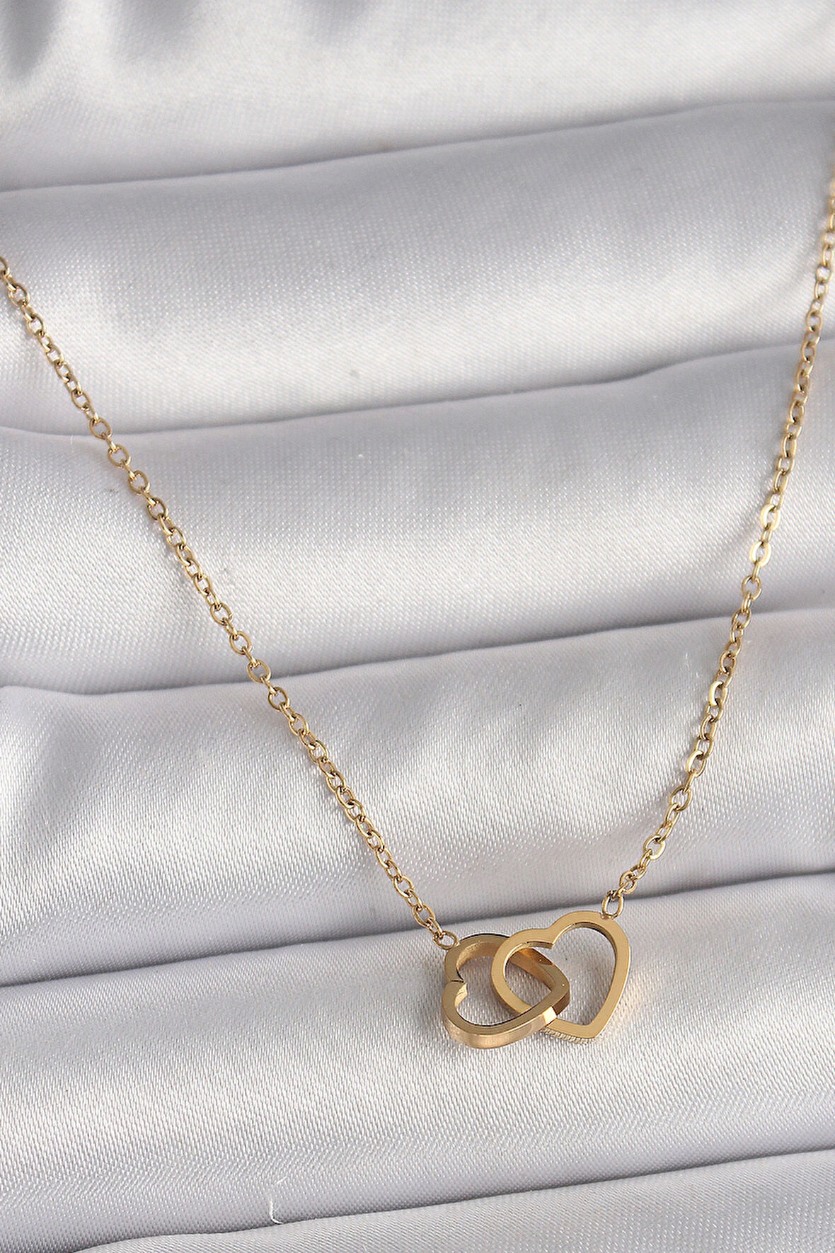 HediyeMarketim  Çelik Gold Renk Zincir Birleşik Kalp Model Kadın Kolye