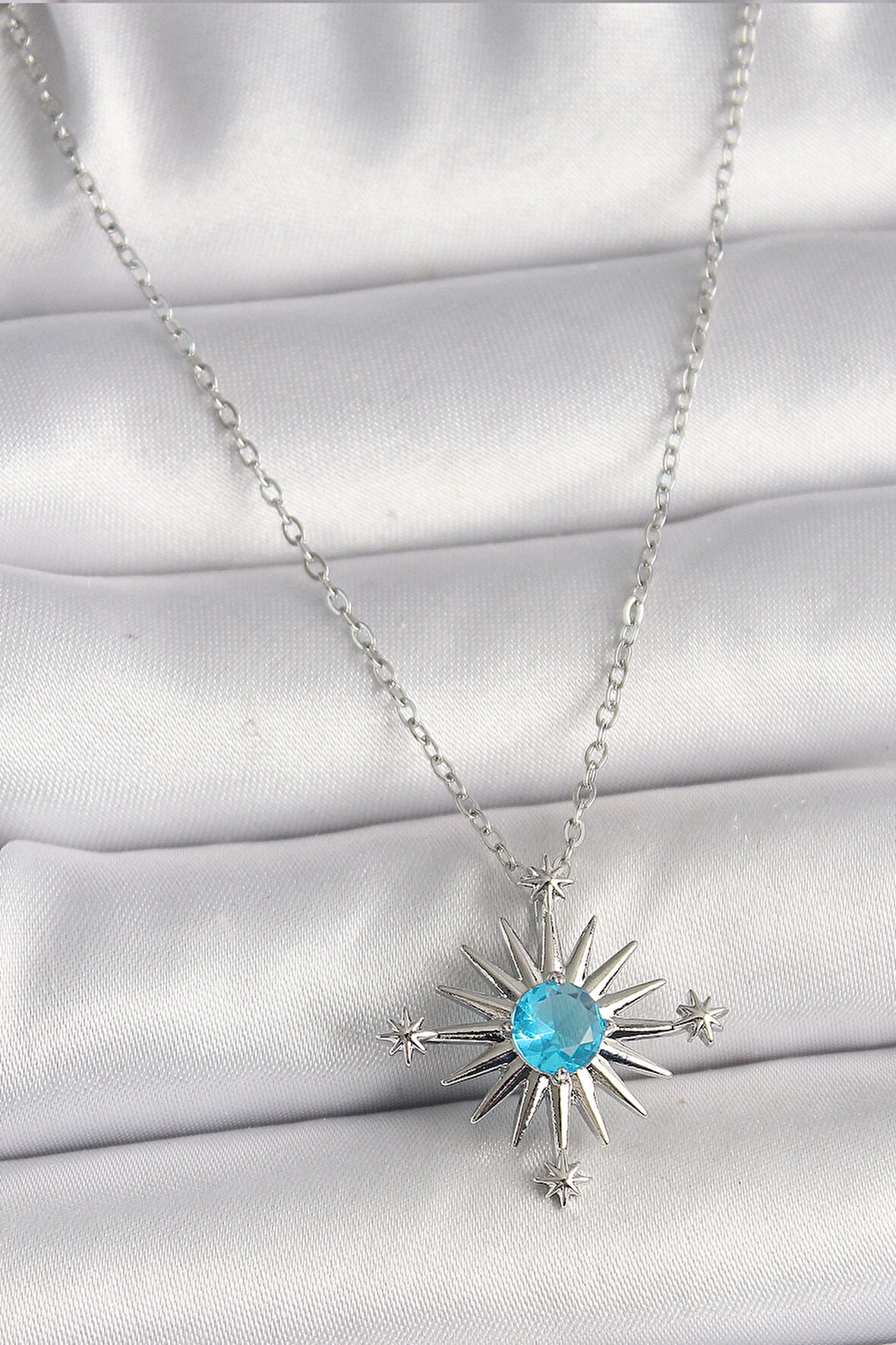 HediyeMarketim  Çelik Gümüş Renk Zincir Mavi Taş Detaylı Kuzey Yıldızı Model Kadın Kolye