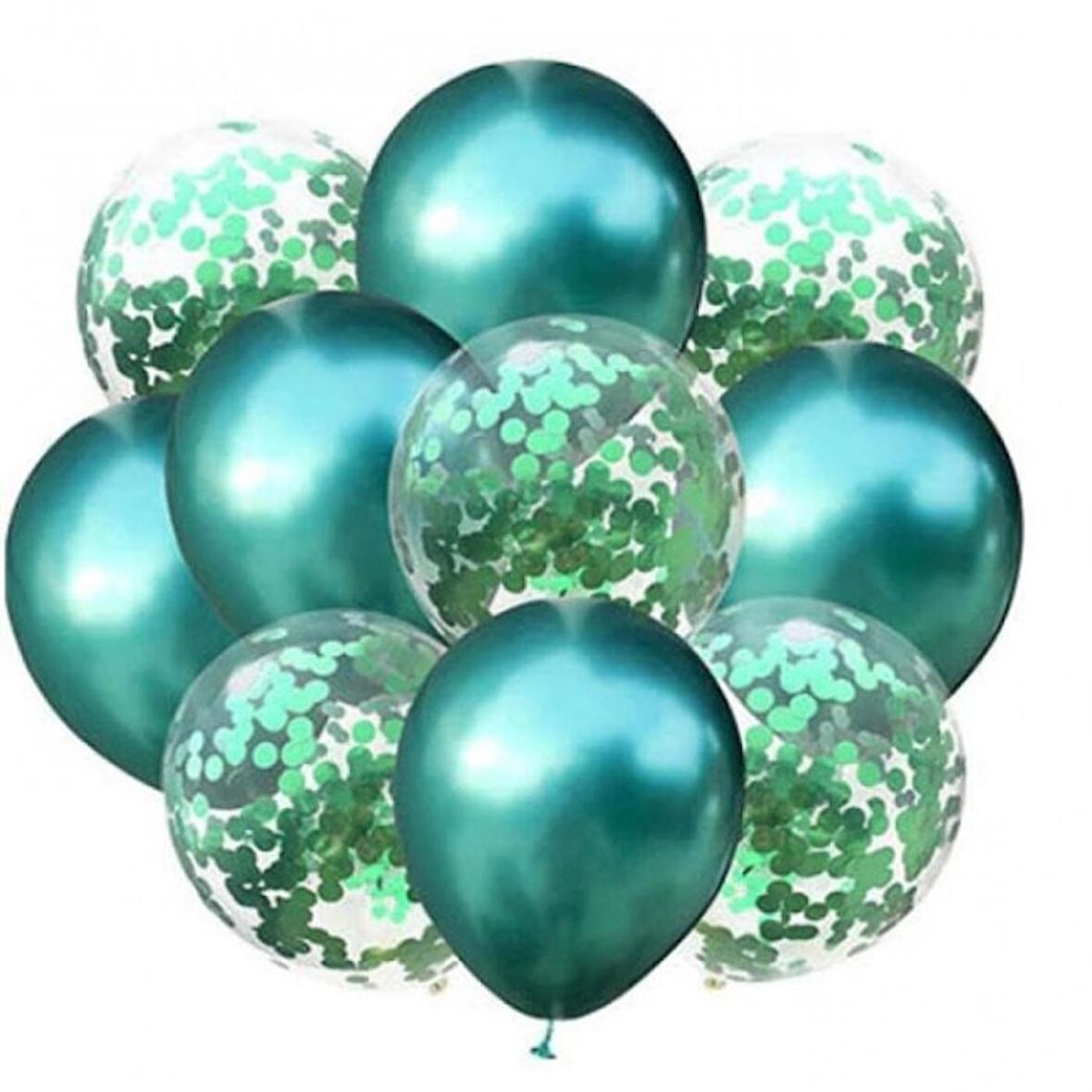 10 lu Yeşil Konfetili Krom Yeşil Balon Seti
