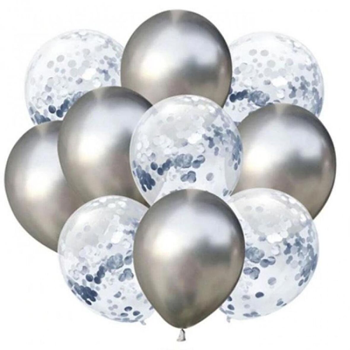 10 lu Gümüş Konfetili Krom Gümüş Balon Seti