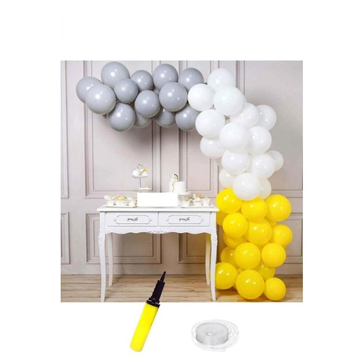 Doğum Günü Beyaz Sarı Gri Balon Zinciri 63 Parça