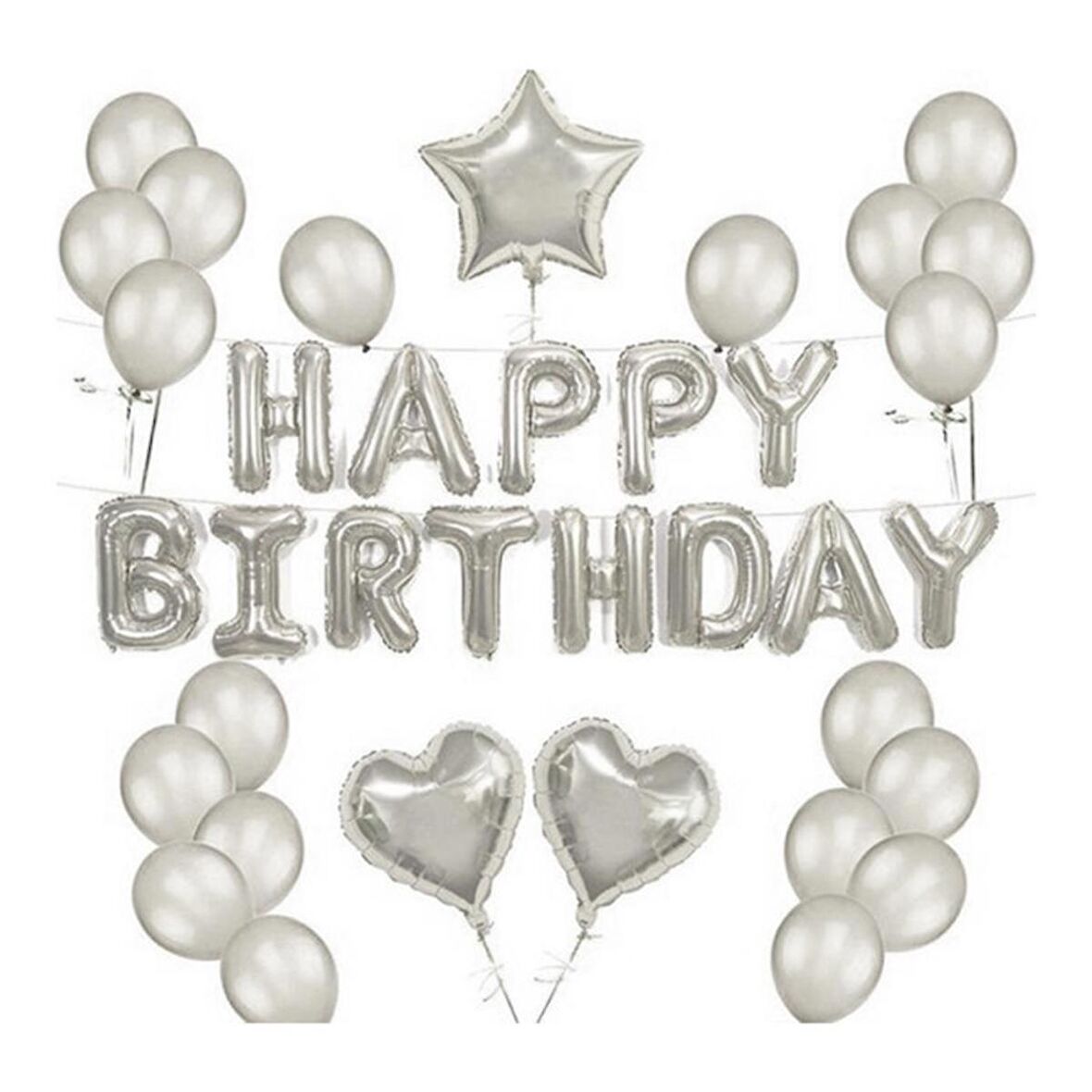 Happy Bırtday Gümüş Balon Seti