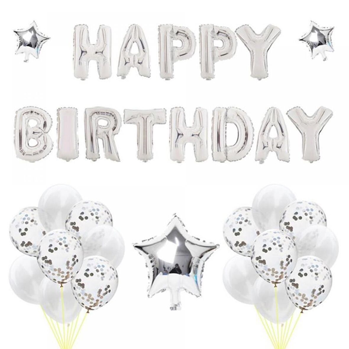 Happy Bırtday Gümüş Konfetili Balon Seti