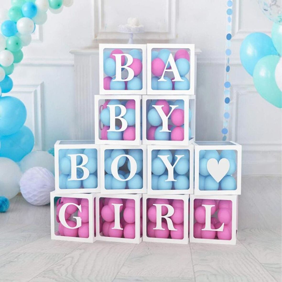 Şeffaf Kutu Baby Gırl Boy Yazılı Harf Beyaz 30 Mavi 30 Pembe Balon Hediyeli