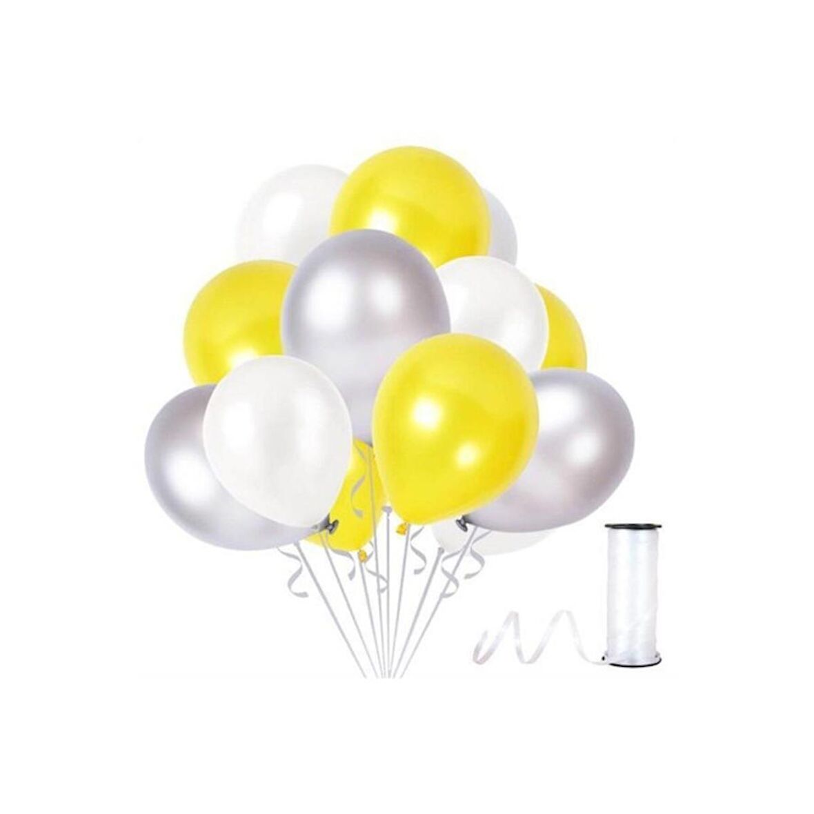 50 Adet Metalik Beyaz Gümüş Sarı Balon 3 Renk