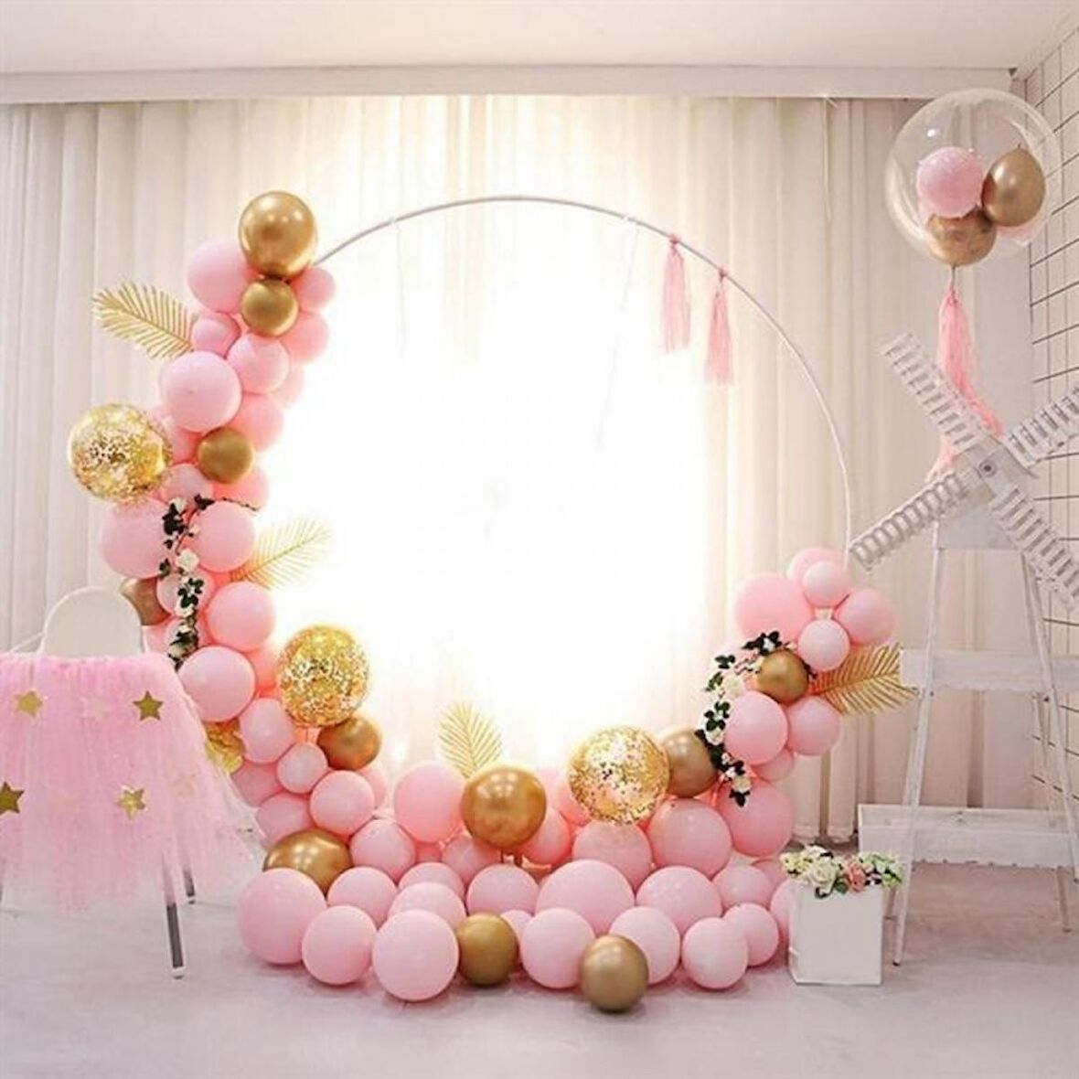 Pembe Makaron Gold Krom Konfetili Balon Zincir Seti