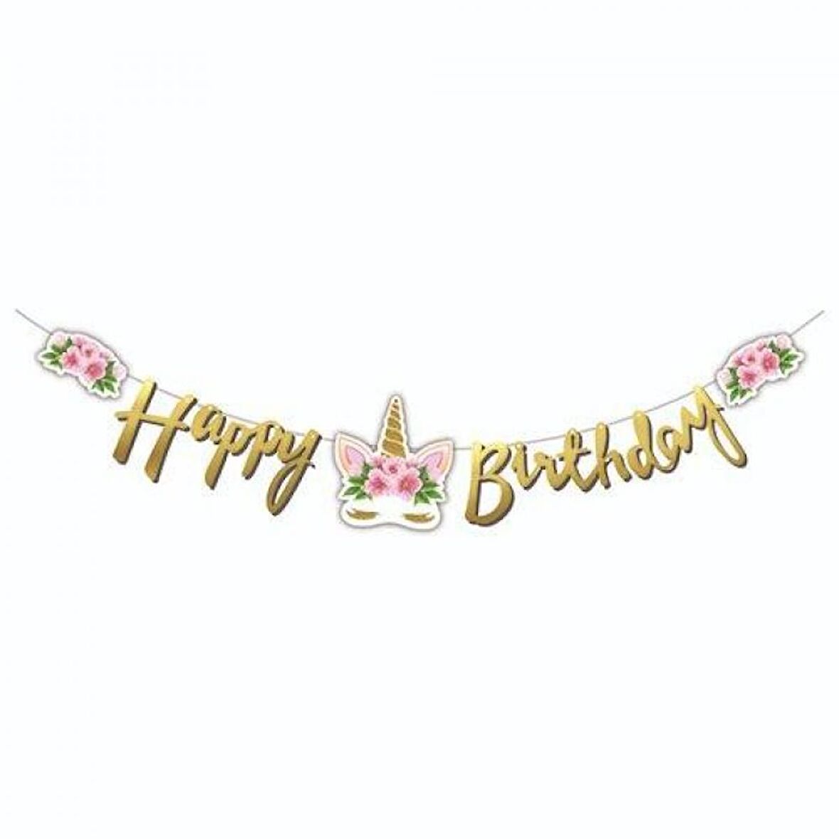 Happy Birthday Çiçekli Unicorn Kaligrafi Banner Gold