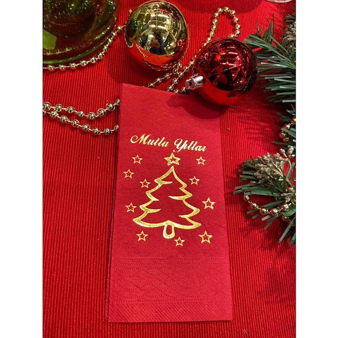 Gold Yaldızlı Kırmızı Mutlu Yıllar Çam Ağacı Peçete