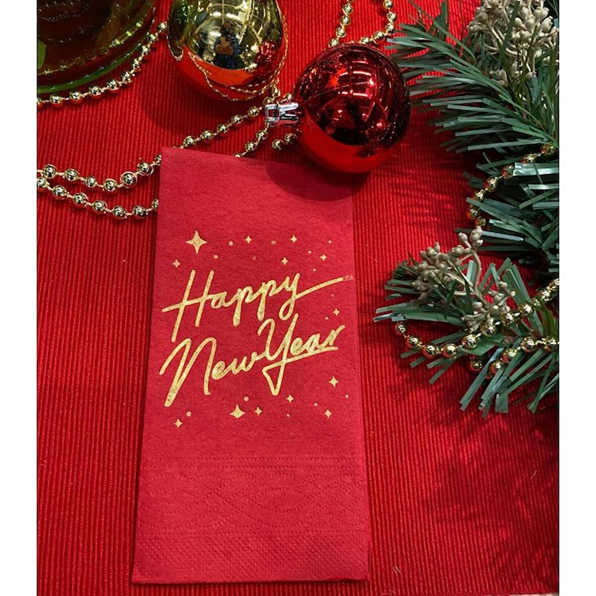 Gold Yaldızlı Kırmızı Happy New Year Peçete