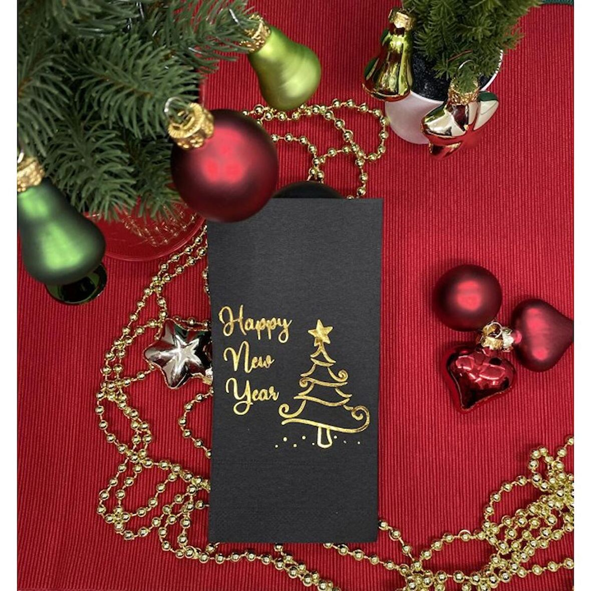 Gold Yaldızlı Siyah Happy New Year Çam Ağacı Peçete