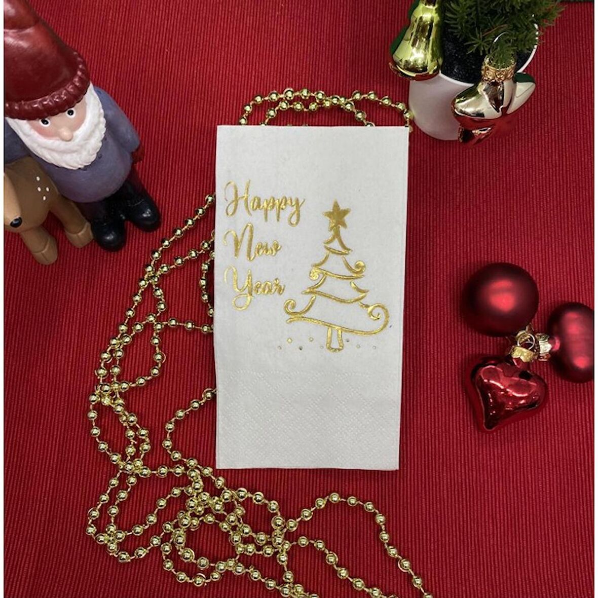 Gold Yaldızlı Beyaz Happy New Year Çam Ağacı Peçete