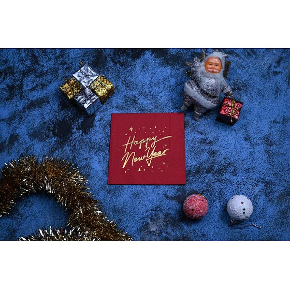 Gold Yaldızlı Kırmızı Happy New Year Kare Peçete