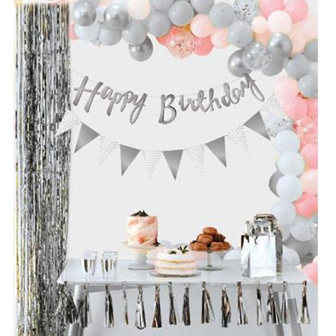 Happy Birthday Banner Metalize Üçgen Flama Sarkıt Gümüş