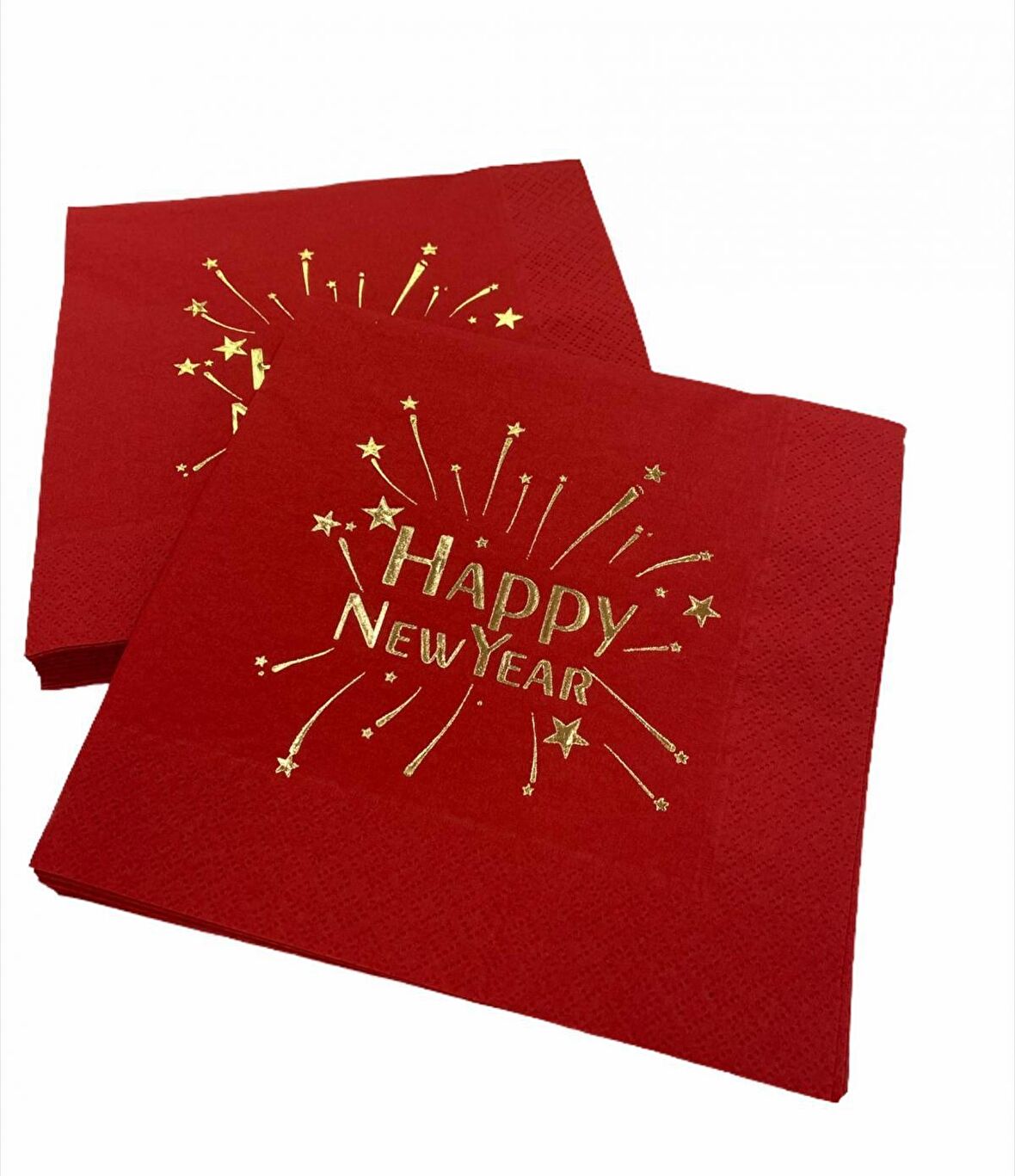 Gold Yaldızlı Kırmızı Happy New Year Kare Peçete