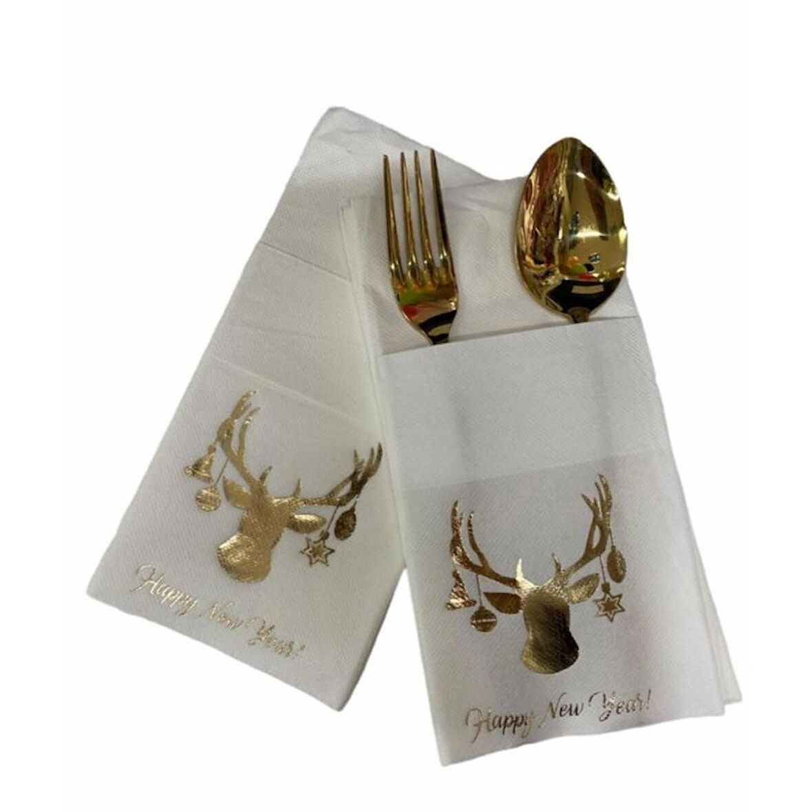Gold Beyaz Cepli Aır Touch Yılbaşı Geyik Modeli Peçete 12 Adet 40x40