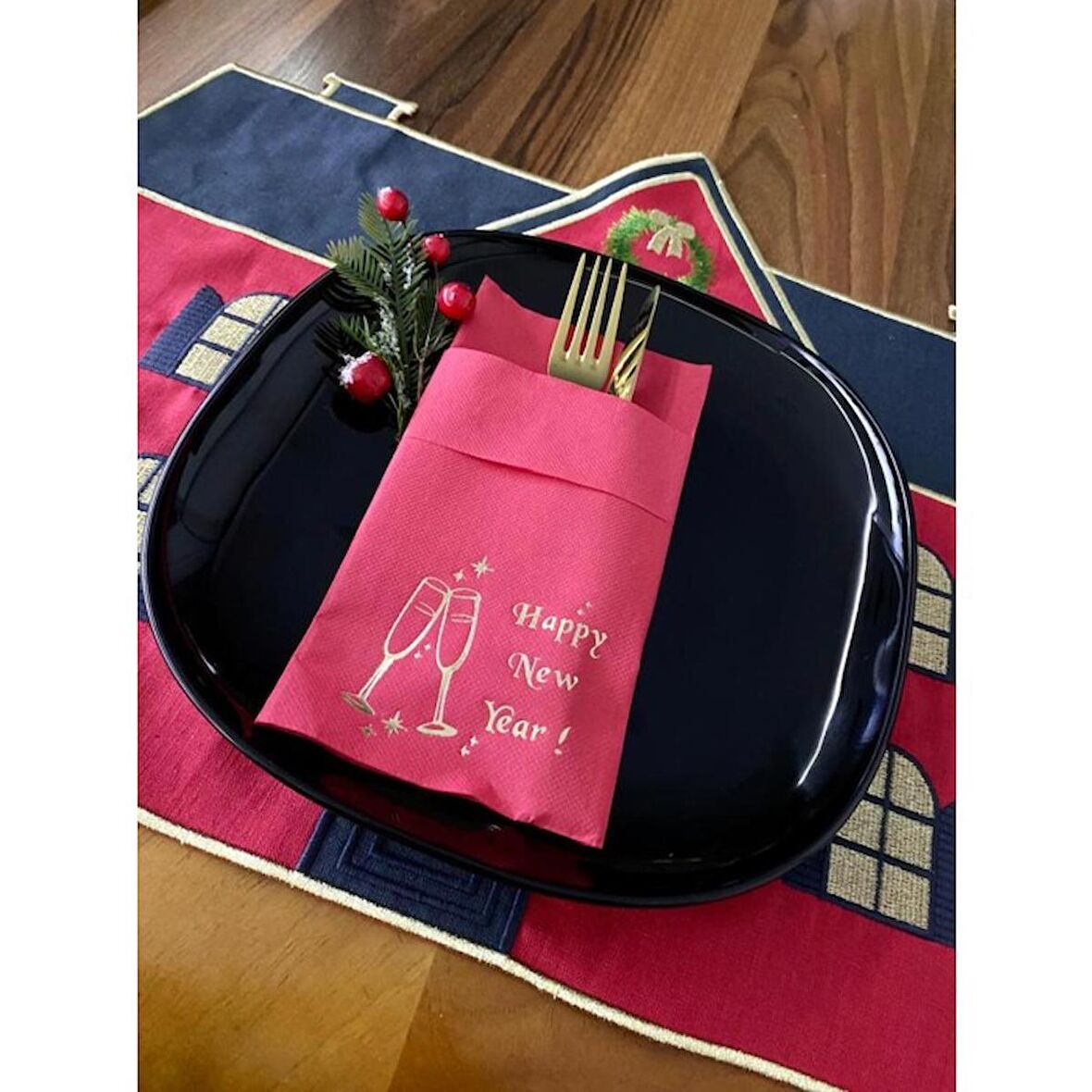 Gold Kırmızı Cepli Aır Touch Yılbaşı Kadeh Happy New Year Peçete 12 Adet 40x40
