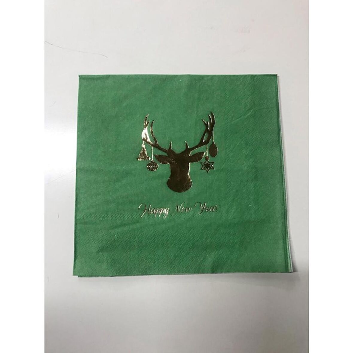 Gold Yaldızlı Yeşil Geyik Happy New Year Kare Peçete