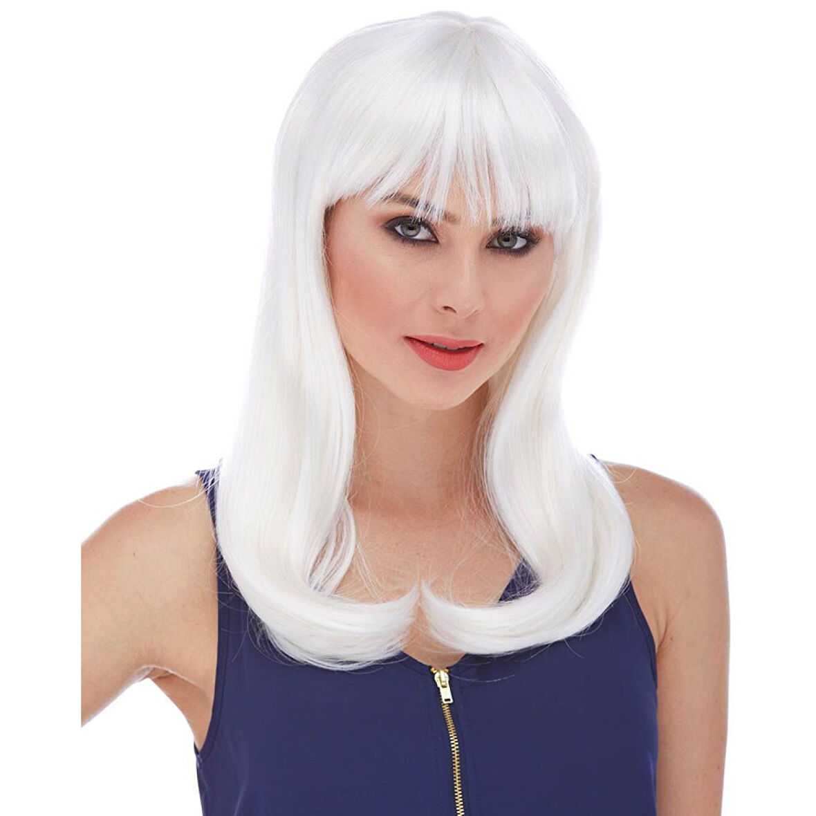 Beyaz Renk Uzun Düz Parti Peruğu 