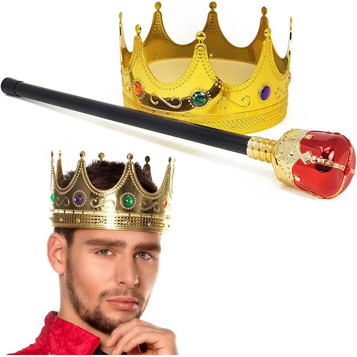 Altın Renk 60 cm Kral Tacı Kraliyet Tacı ve Kırmızı Topuzlu Kral Asası Seti 