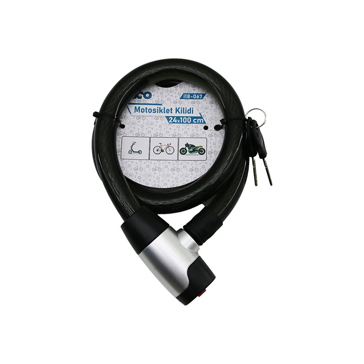 ANAHTARLI METAL KAPLAMA KAFA ÇEK-İT KİLİT KAPAK MOTOR - BİSİKLET KİLİT ÇELİK TEL SİYAH ŞEFFAF KILIF 24MMX100CM 