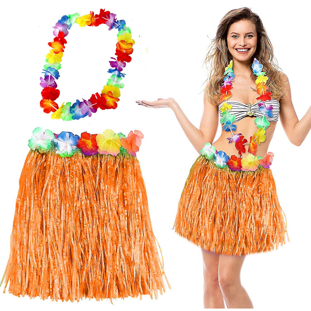 Hawaii Luau Aloha Turuncu Püsküllü 40 cm Etek ve Hawaii Kolye Seti 