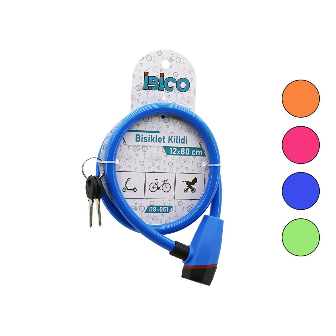 ANAHTARLI PLASTİK KAFA BİSİKLET KİLİT ÇELİK TEL RENKLİ KILIF 12MMX80CM 
