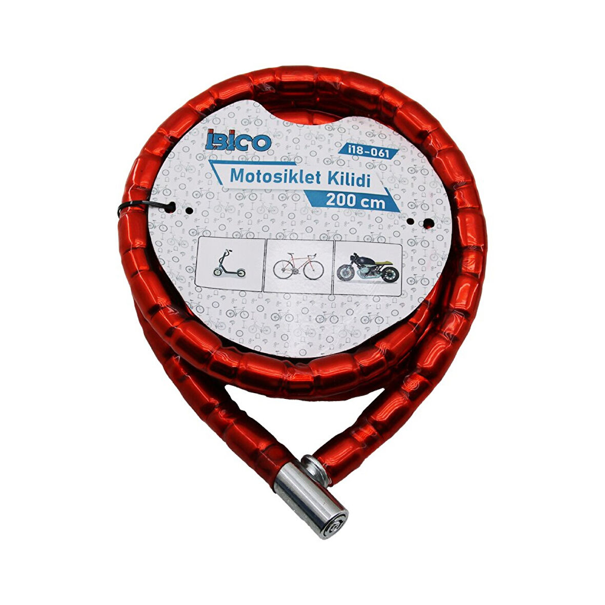 TÜP ANAHTARLI METAL KAFA ÇELİK MOTOR - BİSİKLET KİLİT SİLİNDİRİK SPİRAL KİLİT KIRMIZI KILIF22MM X 200CM 
