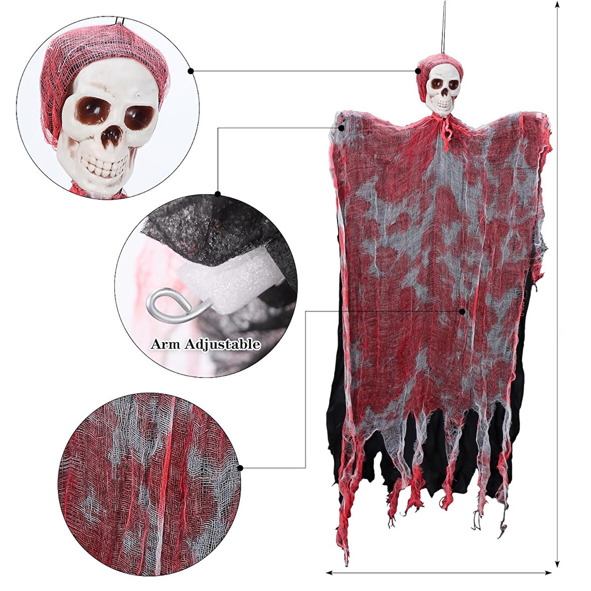 Led Işıklı Kahkaha Atan Sesli Sensörlü Ürpertici Kuru Kafa Kanlı Korku Hayalet Saçaklı Dekor 90x50 cm 