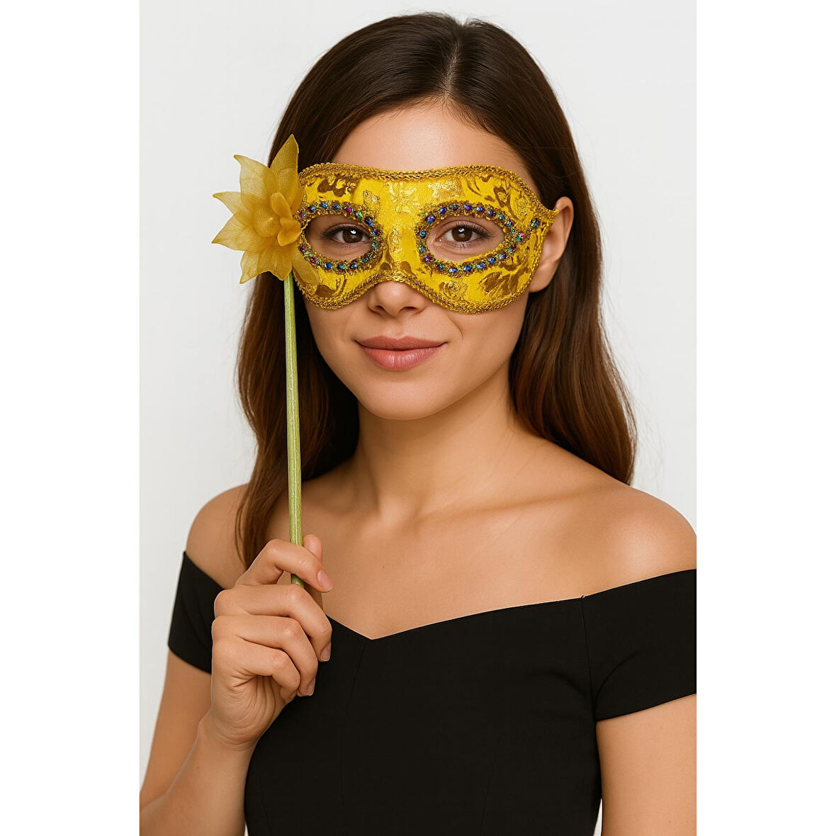 Lüks Taşlı Saplı Maskeli Balo Maskesi Altın Renk 35 cm 
