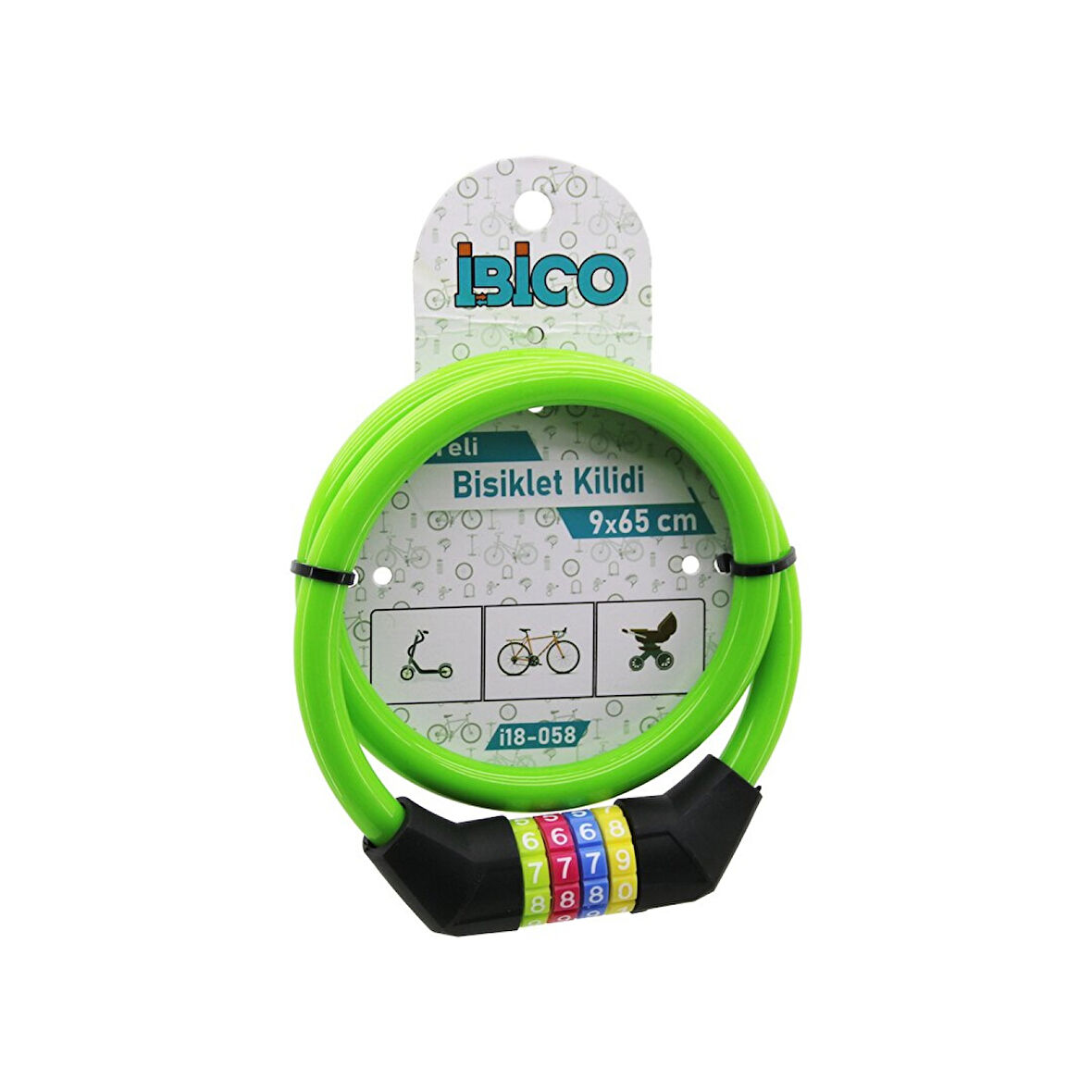 Şifreli İnce Bisiklet Kilit Çelik Tel Yeşil Renkli Kılıf 9mmx65cm 