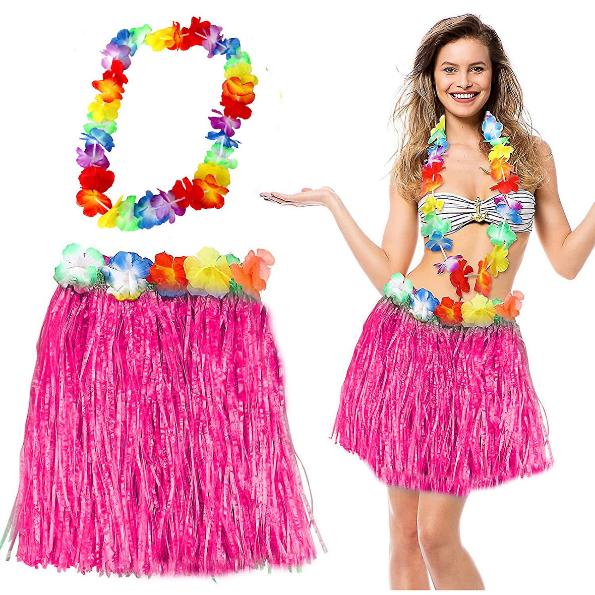 Hawaii Luau Aloha Pembe Püsküllü 40 cm Etek ve Hawaii Kolye Seti 