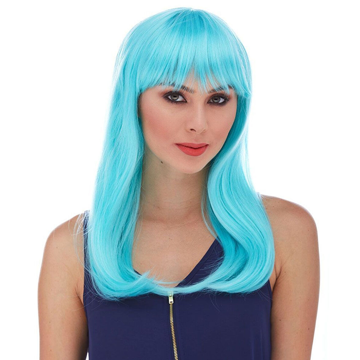 Açık Mavi Renk Uzun Düz Parti Peruğu 