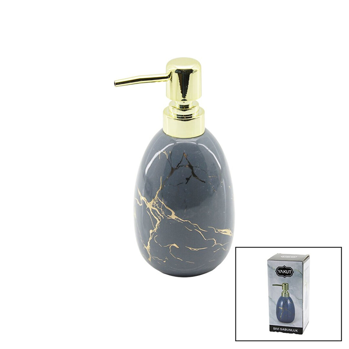 Dikey Tombul Gri Mermer Desen Seramik Sıvı Sabunluk Gold Kapak 
