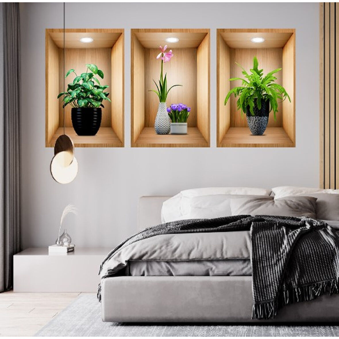 3d Çiçek Vazo Duvar Sticker 3 Lü Set Kahverengi Fon 