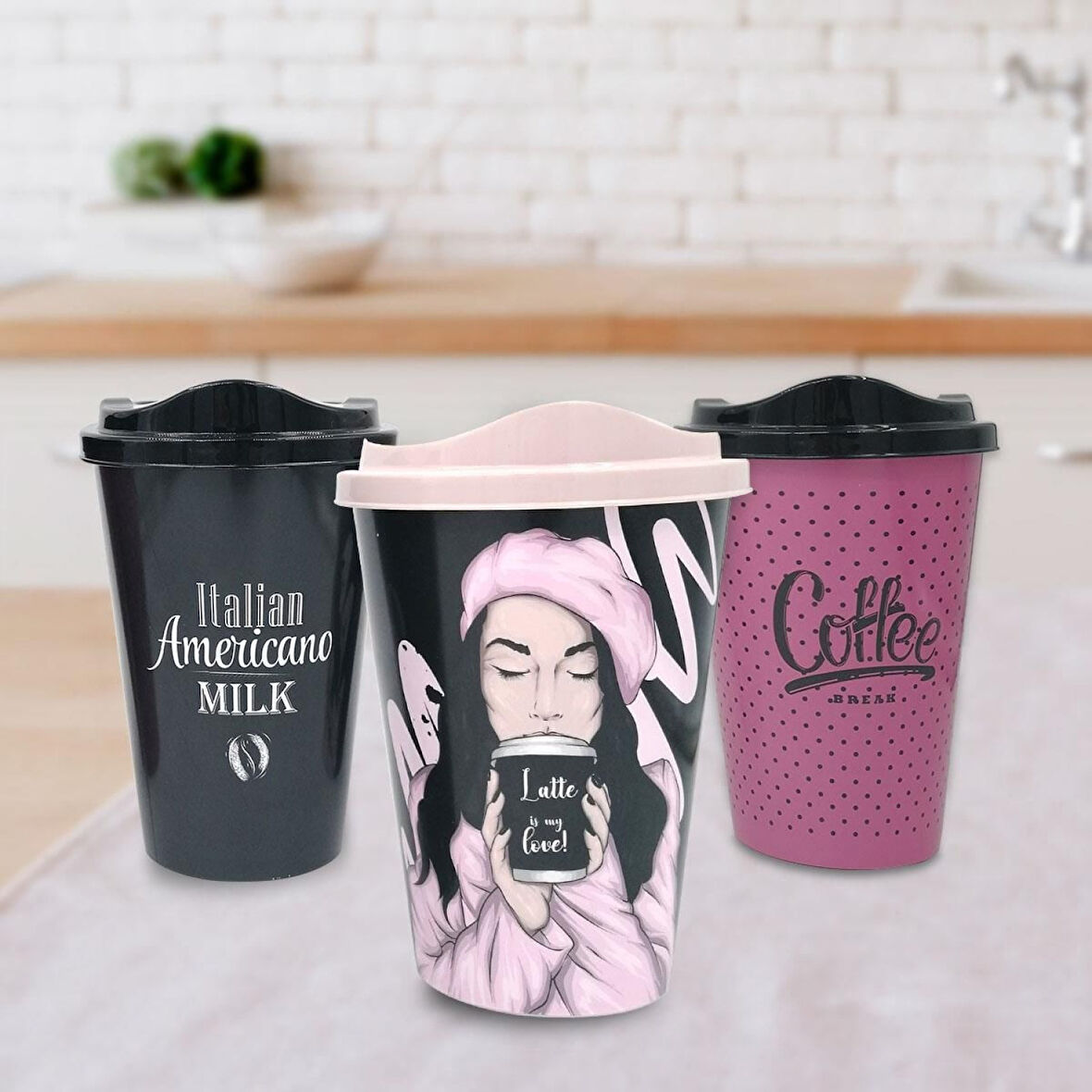 3 Adet Kahve Bardağı Seti Dekoratif Plastik Kahve Muhafaza Bardağı 