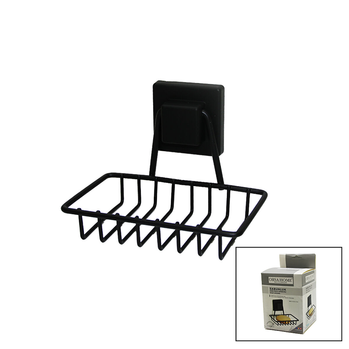 Siyah - Metal Katı Sabunluk Kare Güçlü Yapışkanlı 11x12.5x11cm 