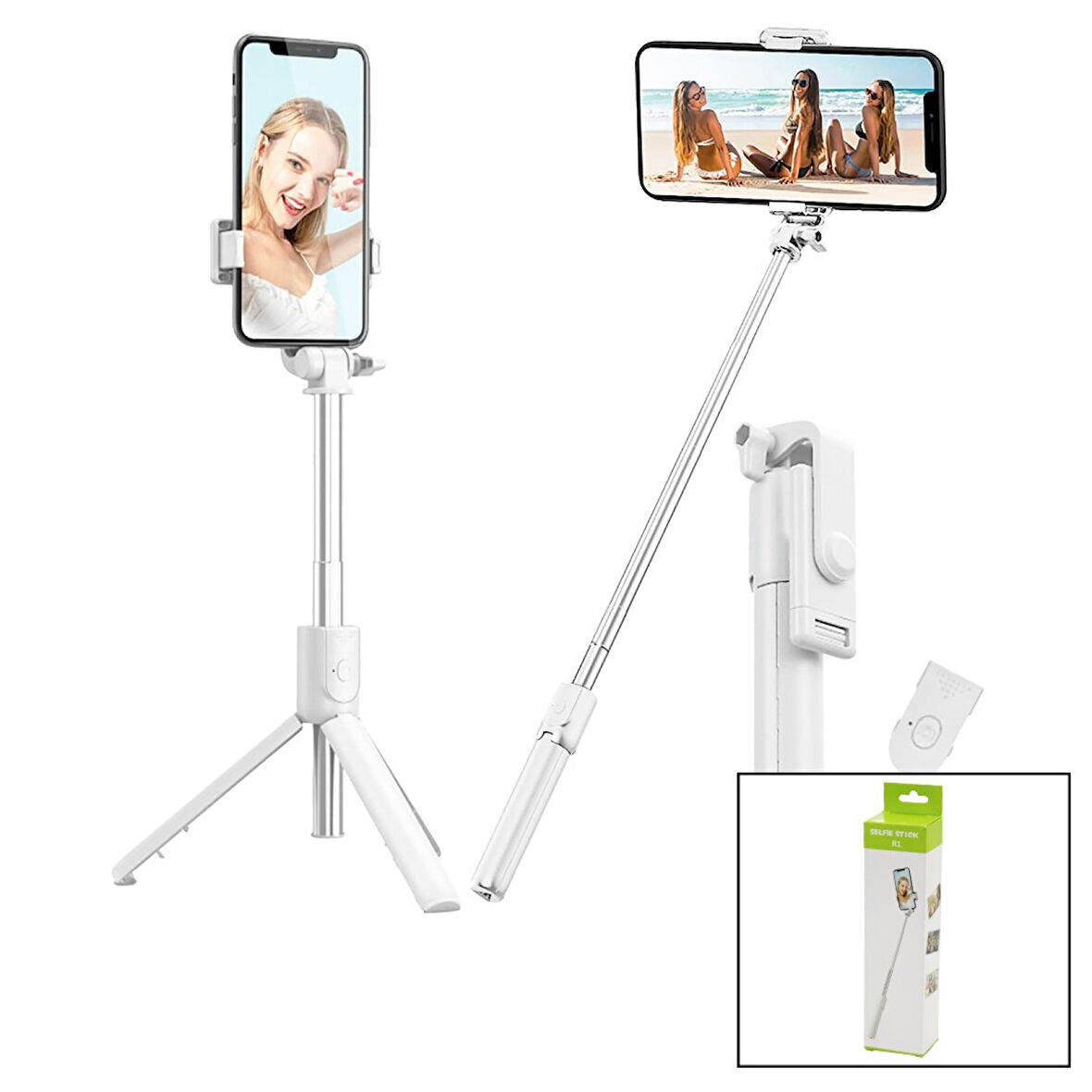 BEYAZ  SELFİ ÇUBUK - TRİPOD AYAKLI  57CM UZAYAN-KISALAN SAPLI + 10CM =67CM 
