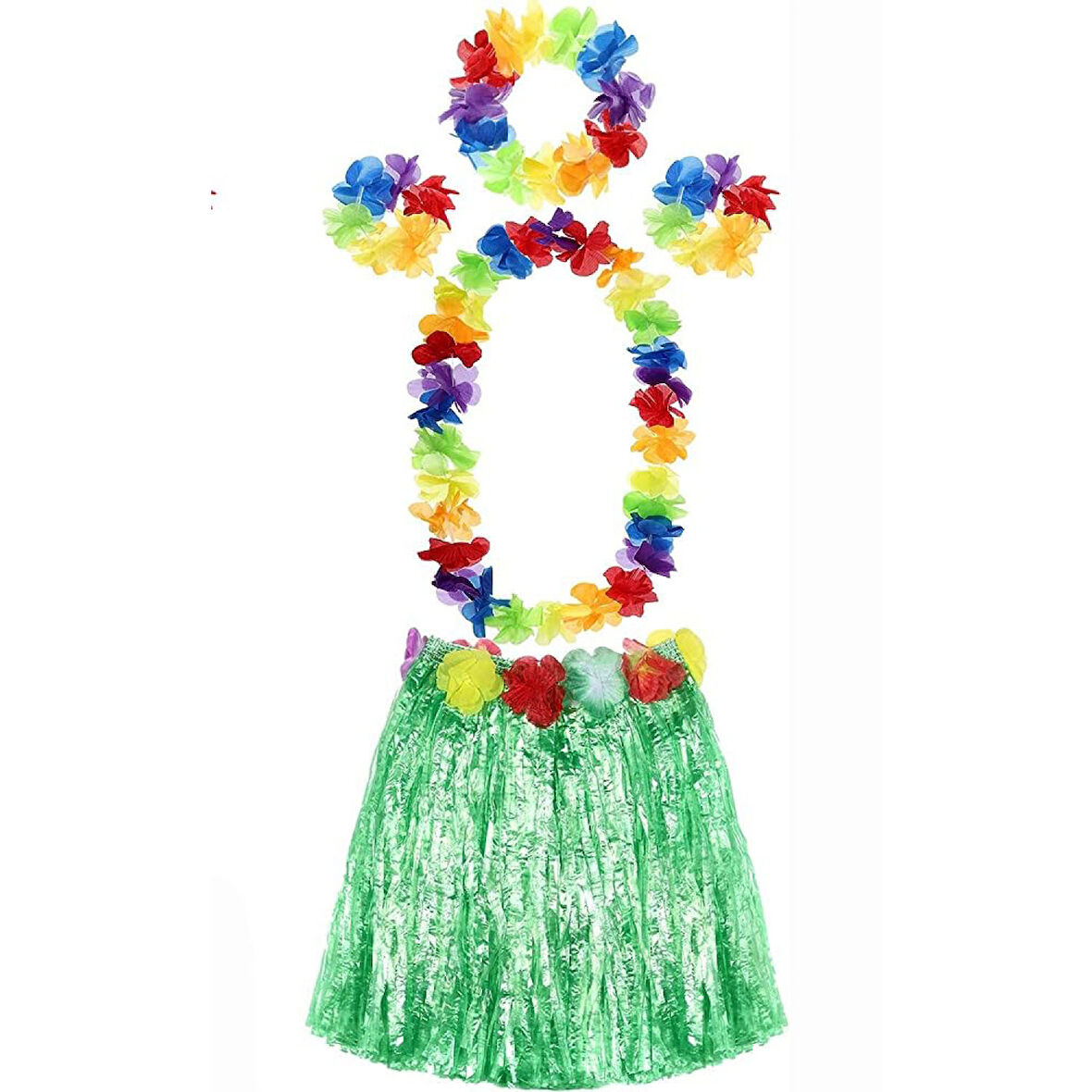Yetişkin ve Çocuk Uyumlu Luau Aloha Hawaii Yeşil Etek ve Renkli Kolye Taç 2 Adet Bileklik Seti 