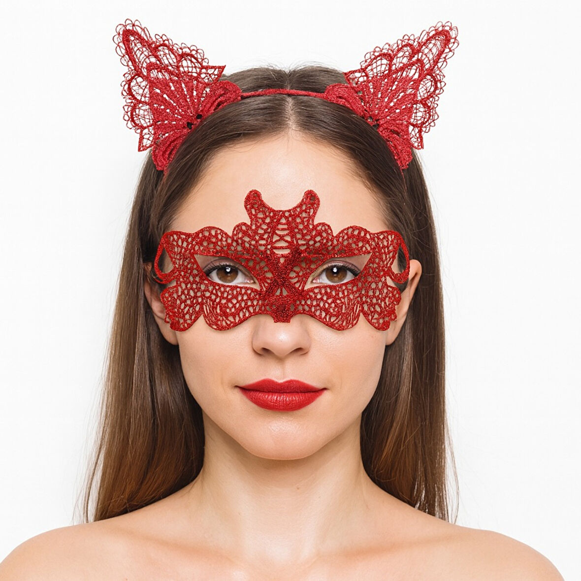 Ateş Kırmızısı Dantel Taç ve Maske Seti 10 No - Maskeli Balo &amp;amp;amp; Özel Gün Seti 